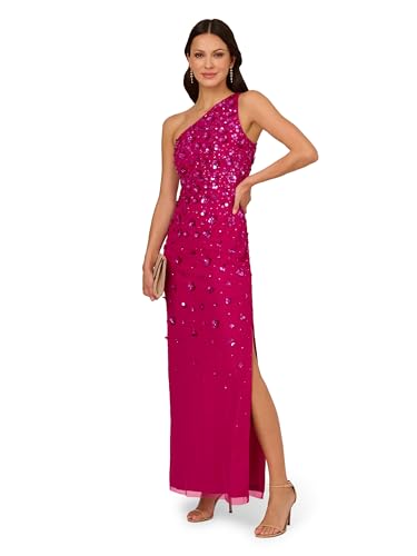 Image of Adrianna Papell Women's One Shoulder Bead Long Dress, Hot Orchid, 12