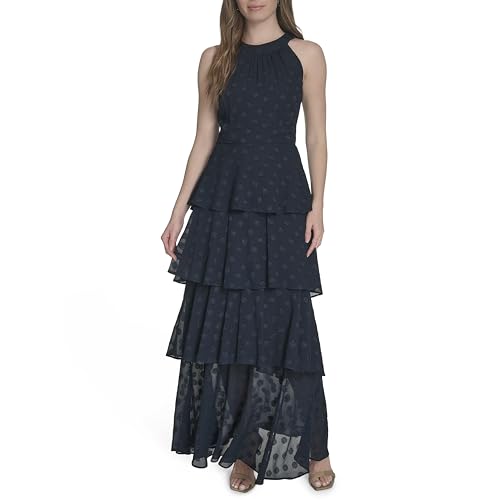 Image of Tommy Hilfiger Women's Sleeveless Halter Neck Tiered Skirt Maxi Dress
