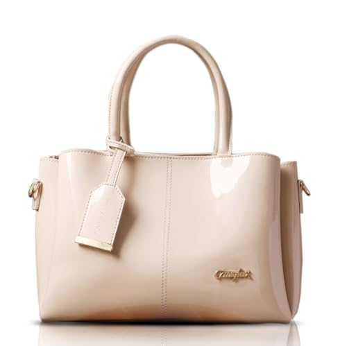 Image of Carrylux Women's Top Handle Bag | Hand Held bag | Stylish Patent Synthetic Leather Handbag with Dual Handles & Detachable Sling Strap | Beige Shoulder Purse for Work & Casual Outings