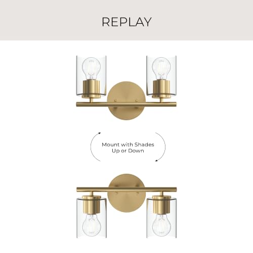 Image of Progress Lighting Replay 13 Inch 2-Light Vanity Light, Transitional, Brushed Gold with Clear Glass Shades, (7.875 inch H x 13 inch W x 6 inch D), P300582-191