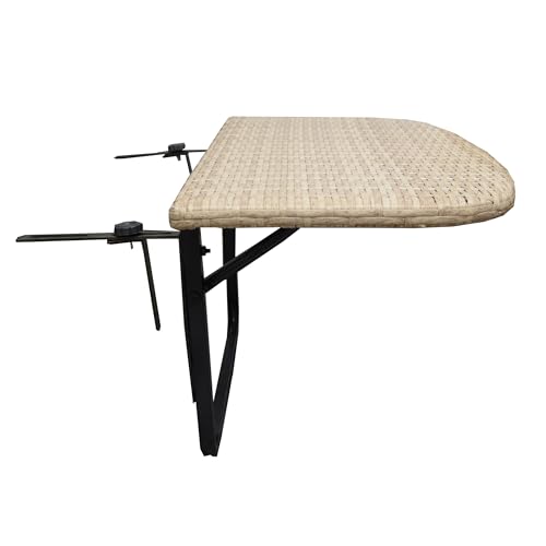Image of Oakland Living Tan Indoor and Outdoor Foldable Wicker Balcony Table with Metal Frame and Adjustable Clamps