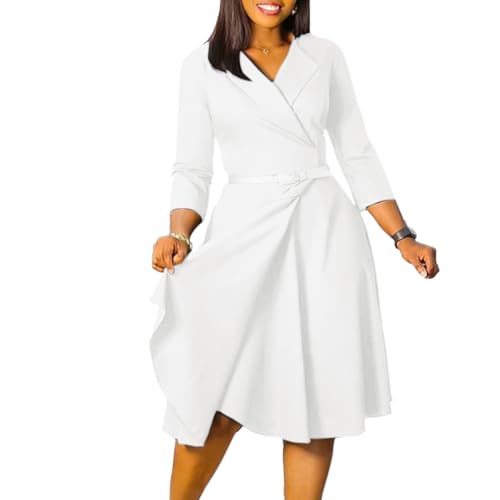 Elainone Women 3/4 Sleeve Casual Swing Flared A Line Dress Wedding Guest Semi Formal Office Work Dresses with Belt2