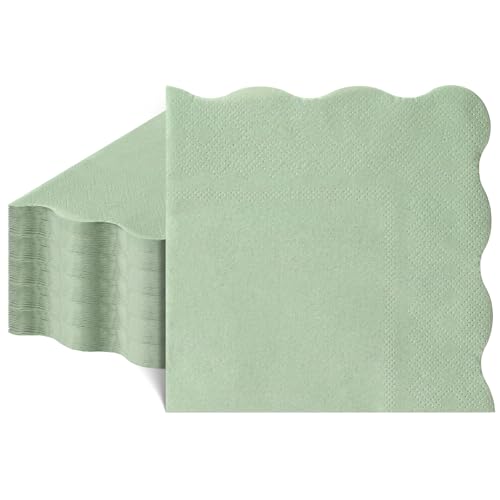 NatNarr 80 Pcs Cocktail Napkins Sage Green Wavy Paper Napkins Scalloped Dessert Beverage Napkin Disposable Party Napkin for Wedding Bridal Baby Shower Birthday 5 x 5 Inch