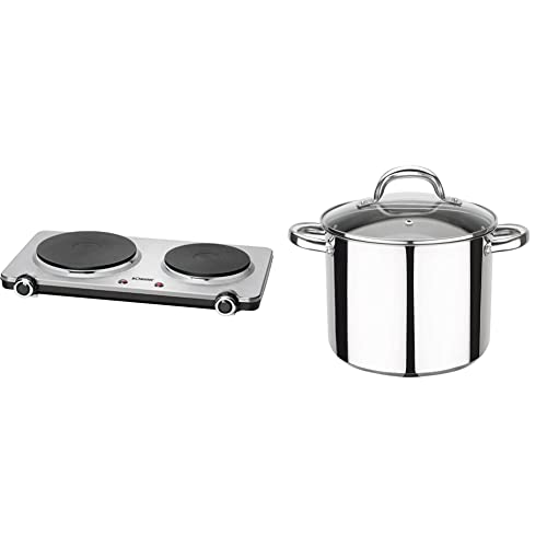 Bomann Doppel-Kochplatte DKP 5033 E, zwei Kochplatten groß 18 cm und klein 15 cm & GSW 990189 Montreal Gemüsetopf mit Glasdeckel 20cm / ca. 5,0 Liter, Edelstahl, silber, 20 cm