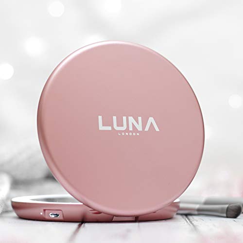 Luna London Compact 2.0 Travel Mirror In Rose Gold | Travel Makeup Mirror With Light | Led Lighted Vanity Mirror With 3 Light Modes | 7X Magnification Folding Portable & Rechargeable | Espejo #TOP3