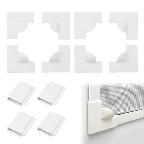 Magnetic Fly Screen Window,2Sets Magnetic Window Screen Corners Accessories Kit,8 Reinforced Corner Handles and 4 Windproof Heavy Duty Clips,White Plastic Window Screen Repair Kit