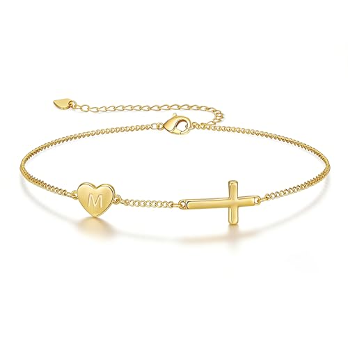 Lunvky 14k Gold Plated Initial Cross Bracelets for Women Silver Dainty Cute Heart Name Letter Bracelet for Teen Trendy Stuff Confirmation Religious Christian Jewelry Birthday Graduation Gifts