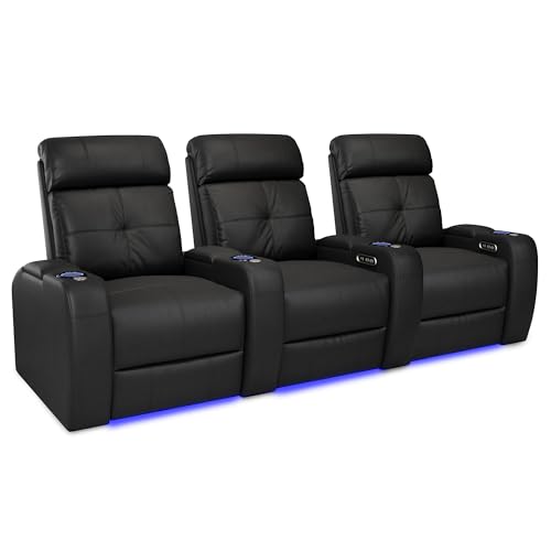 Valencia 2025 Verona Power Headrest Home Theater Seating – Top Grain Nappa Leather 9000 – Power Adjustable Headrest, USB-C Fast Charging, LED Cup Holders (Row of 3, Black)