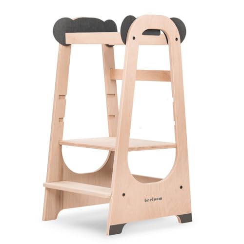 Beeloom - Tour d'apprentissage Montessori en Bois, Panda Tower, Tabouret d'activité pour Enfants Gris, avec marches à Hauteur réglable à 3 Niveaux