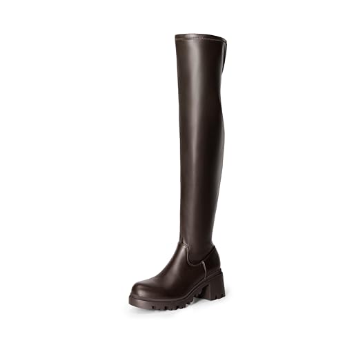 DREAM PAIRS Women's Knee High Boots, Platform Over The Knee High Chunky Heel Fashion Boots for Women 6 Brown-pu