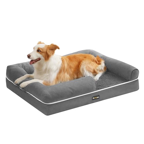 Feandrea Orthopädisches Hundebett, Hundekissen, Hundekorb, weiche Polsterung, Hundesofa, erhöhte Ränder, Bezug abnehmbar und waschbar, 91 x 63 x 18 cm, rutschfeste Unterseite, hellgrau PGW076G02V1