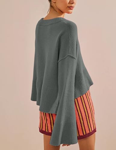 Image of Womens Lightweight Sweaters Crewneck Bell-Style Sleeve Batwing Knit Tops Slouchy Soft Pullover Jumpers(Darkgrey-M)