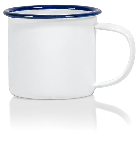 Red Co. Set of 6 Enamelware Metal Small Classic 5 Oz Round Coffee and Tea Mug with Handle, Solid White/Navy Blue Rim