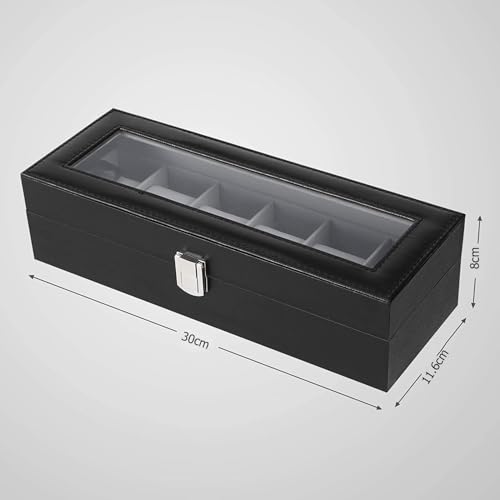 Image of Leather Watch Organizer with Glass Display - 6 Slot Watch Box for Men & Women (Watch Not Include), Durable Display Case for Watch Enthusiasts (Black&Grey)