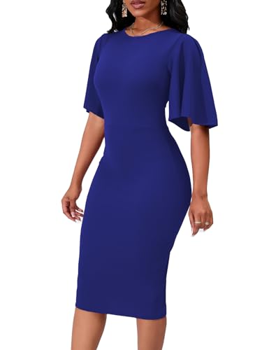 Image of Bdwinz Women's Basic Bodycon Ruffle Flared Short Sleeve Pencil Midi Dress
