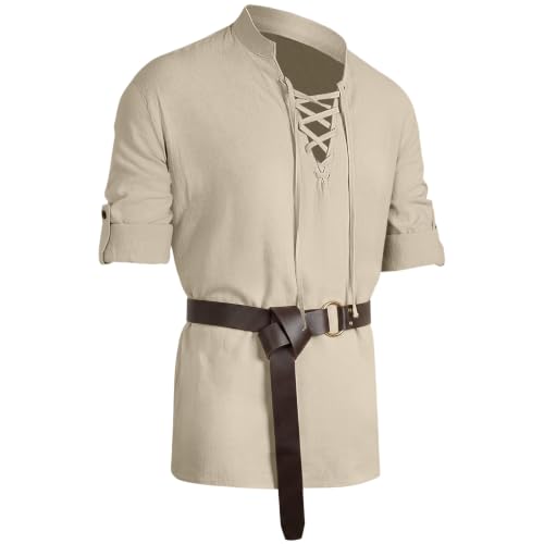 BSBUY Camisa Medieval Hombre con Cinturón, Disfraces de Halloween