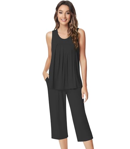 Image of NACHILA Pajamas for Women-Viscose Made from Bamboo, Sleeveless Pjs Tank Top Capri Pants Pajama Sets Cooling Sleepwear