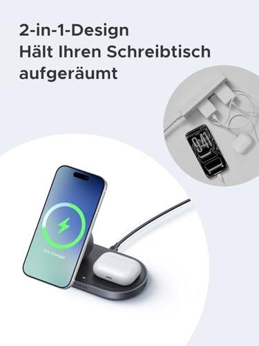 UGREEN Zapix 2-in-1 Magnetisches Kabelloses Ladegerät 15W, Qi2 zertifizierte iPhone Ladestation kompatibel mit MagSafe für iPhone 17/16/15/14/13/12 Serie & AirPods, mit 1M Kabel - Schwarz