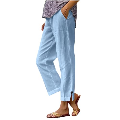 Image of Linen Pants Women 2026 Summer Beach Vacation Trousers Elastic Waist Linen Capris Pants Boho Casual Travel Pant