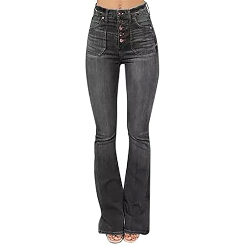Ghemdilmn Women's jeans, denim stretch trousers, button, women's jeans with high waist, dungarees, closure with button, classic pull-on stretch denim flared bottom, black, S Cover