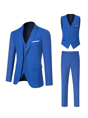 DEETRUST Men's Suit 3 Piece Slim Fit Suit Set, Two Button Solid Jacket Vest Pants with Tie, Men Tuxedo Suit for Party, Wedding & Business Blue
