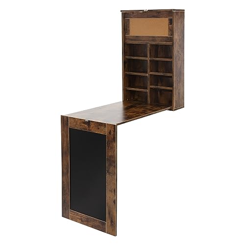 ML-Design Mesa Plegable de Pared Color Marrón Vintage Escritorio de MDF Multifuncional con Pizarra Frontal, Corcho y Estantería de Almacenamiento en Cocina, Salón o Comedor para Ahorro de Espacio