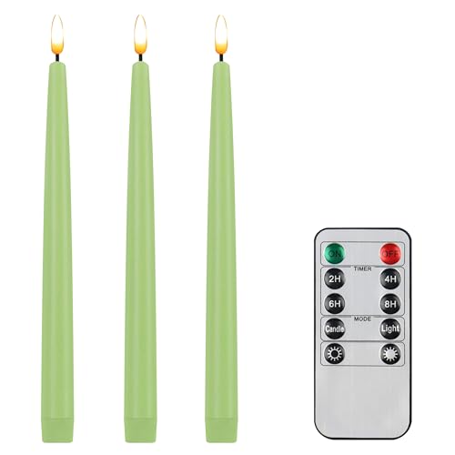 Image of CVHOMEDECO. Flameless Taper Candles with 10-Key Remote, Battery Operated Led Flickering 3D Wick Window Candles Real Wax Finished Home Christmas Party Decor 0.78 x 11 Inch, Pack of 3, Light Green