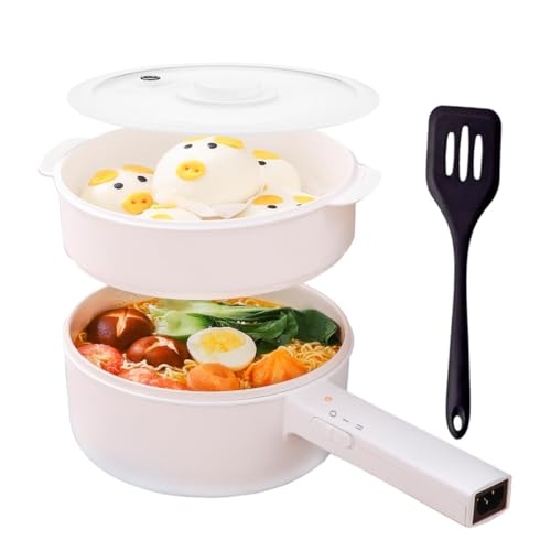 Panela elétrica 1,5 L com vaporeira, frigideira de cerâmica anti-aderente, panela de viagem portátil para Ramen/Bistec/Fondue/sopa, panela multiusos para quarto / campismo/casa, duplo controlo de