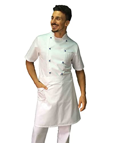 Uniforme chef blanc boutons bleus avec broderie homme veste pantalon tablier