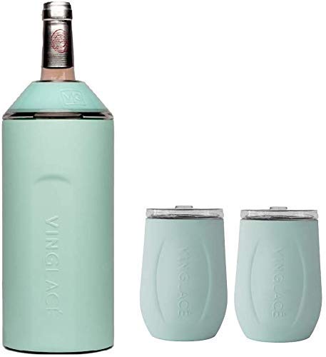 Vinglacé Gift Set - Bottle Insulator Chiller with 2 Stemless Wine Glasses - Great Gift Ideas for Wine and Champagne Lovers Sea Glass