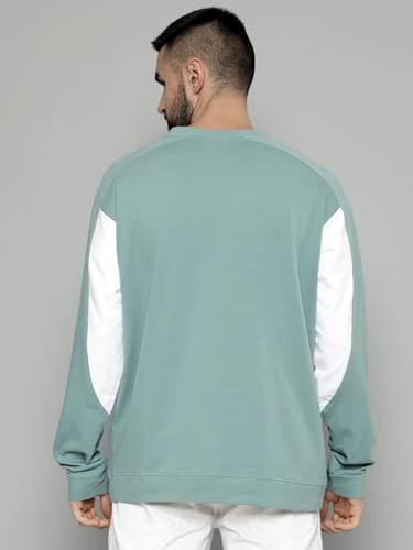 Image of Maniac Mens Printed Cutpanel Round Neck Fullsleeve Berly Green and White Cotton Oversized T-Shirt
