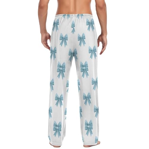 Men’s Light Blue Bows Pajama Pants with Pockets, Comfortable Lounge Sleep Bottoms#1492