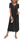 MOLERANI Casual Short Sleeve Dress for Women with Pockets Soft Loose Solid Crew Neck Sundress for Home Wear,Resort,Black,XL