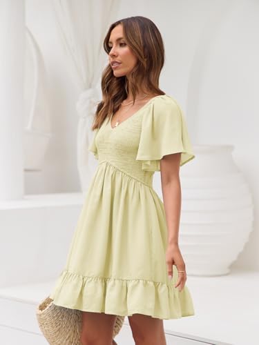 Image of LILLUSORY Women's Flowy Casual Mini Dresses 2026 Summer Graduation Smocked V Neck Vacation Dress Dress with Pockets