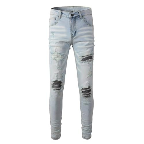 Jeans Pants Trouser Denim Men Stretch Slim Fit Trendy Street Worn Hole Piercing Washed Blue Grinding Fading Patch Casual Small Foot(Light Blue,33)