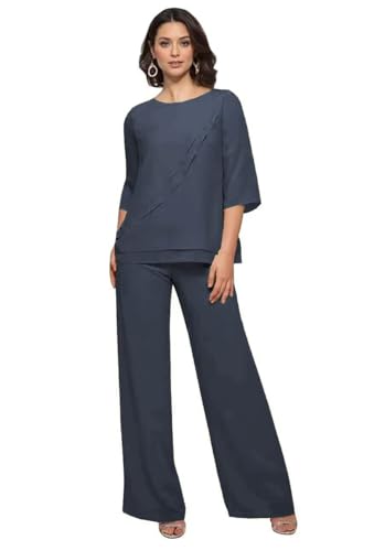 EGNHVC Navy Chiffon Pant Suits for Women Casual 3/4 Sleeve