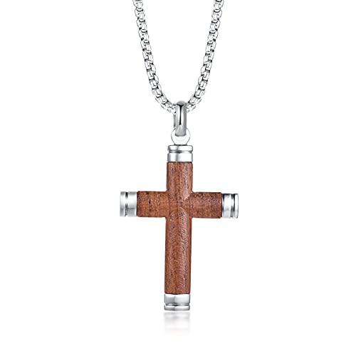 VNOX de Dos Tonos de Acero Inoxidable Brasil Rosewood Madera Cristiana Bautismo Jesús Cruz Colgante, Collar para Hombres, 24 'Cadena Rolo