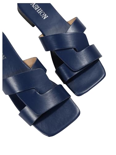 GORGLITTER Women's Strappy Wide Width Flat Sandals Open Square Toe Cross Dressy Slide Sandals4