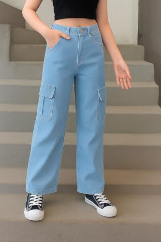 Image of ADBUCKS Stretchable High Rise Cargo Style Wide Leg Jeans for Girls II Girls Jeans