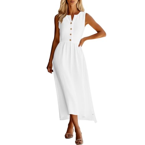 Sun Dresses for Women 2026 Vacation Sundresses, Sleeveless A-Line High Waisted Flowy Womens Midi Linen Dress, Breathable Summer Dresses 2026 for Beach Hawaiian Tropical White L