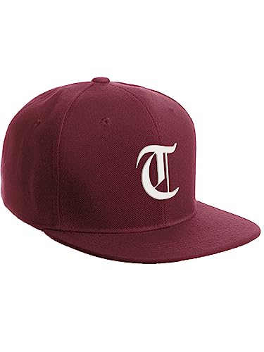 Daxton Classic Snapback Hat Old English Font Alphabet A to Z Flat Bill Visor Cap, Burgundy Hat, White T