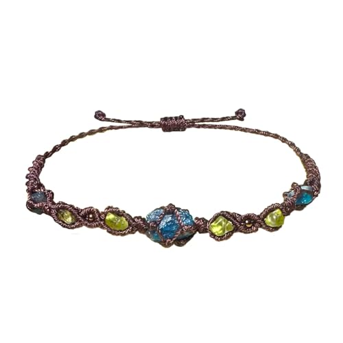Handmade Healing Quartz Stones Chips Beads Macrame Bracelet, Braided Rough Crystal Bracelet (Moroxte and Peridot)