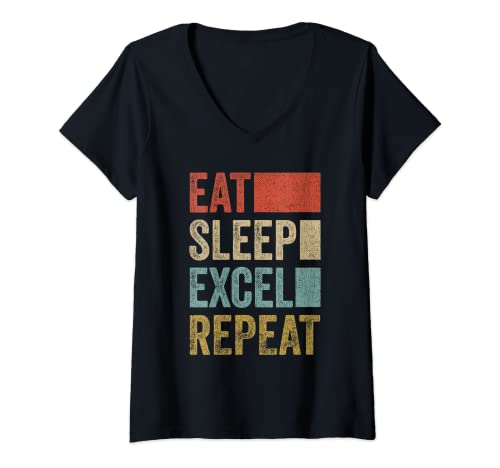 Mujer Vintage Retro Eat Sleep Excel Repetir Regalo Divertido Excel Camiseta Cuello V