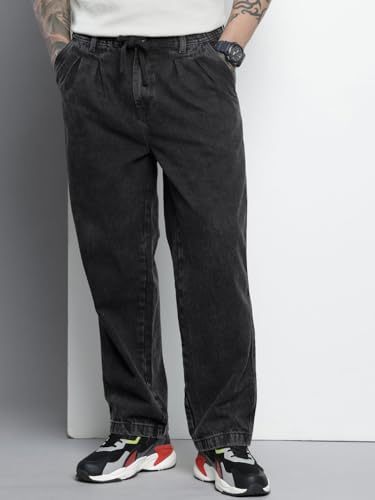Image of The Indian Garage Co Men Relaxed Fit Solid Mid-Rise Denim Joggers