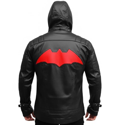 Image of Black Hood Bat Jacket and Vest - Red Hooded Leather Jacket 2 in 1