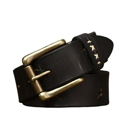 AGUTALITHIC Vintage Distressed Full Grain Leather Belt 4mm Thick Handmade Quilted Strap with Gold Single Prong Roller Buckle(105cm/41, Black)
