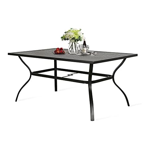 Ulax furniture 6-Person Outdoor Patio Dining Table - Rectangular Metal Slatted Table with Umbrella Hole, Classic Black Cover