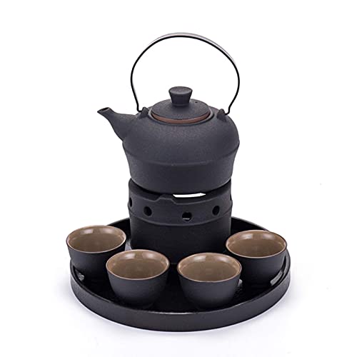 Exquisite Design Sake Set Japanese Hot Ceramic Sake Set with Warmer 6-Piece, 4 Cups, Sake Kettle and Heating Base for Christmas, Birthdays, and Anniversaries,with Wooden tra