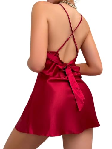 Nuisette en satin femme sexy décolleté v dos nu bretelles spaghetti