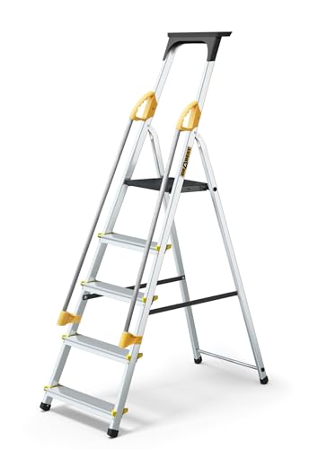 DRBAEST ÉCHELLES SÉRIES Pro Échelle Pliable Aluminium Escabeau 5 Marches Main Courante Échelle Antidérapant Charge Max 150 kg
